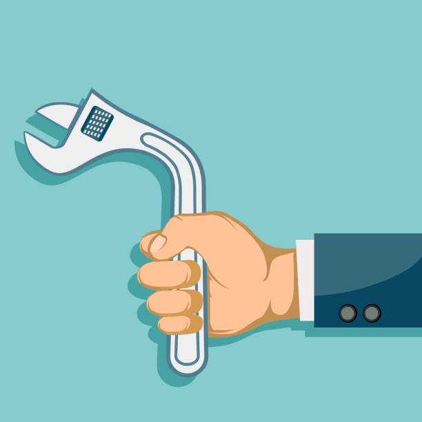 Impotence health problem. Erectile dysfunction. Man holding curve wrench Impotence health problem. Erectile dysfunction. Man holding curve wrench in hand. Vector illustration. erection stock illustrations