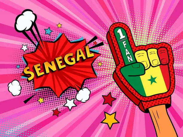 Vector illustration of Sports fan male hand in glove raised up celebrating win of Senegal country flag. Senegal speech bubble with stars and clouds. Vector colorful fan illustration
