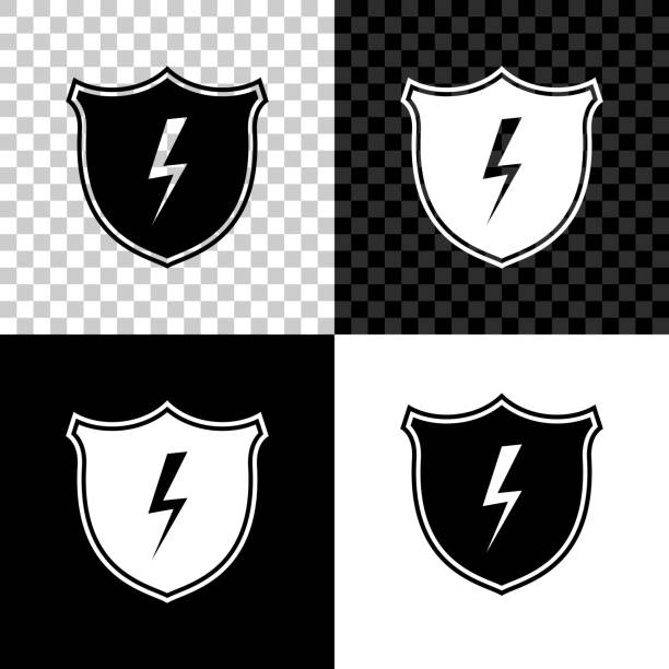 ilustrações de stock, clip art, desenhos animados e ícones de secure shield with lightning icon isolated on black, white and transparent background. security, safety, protection, privacy concept. vector illustration - honor guard flash