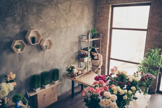 Close up top above high angle photo beautiful she her lady many vases retail seller assistant hands arms cut arranging compose diy fresh flowers condition opening small flower shop room indoors.