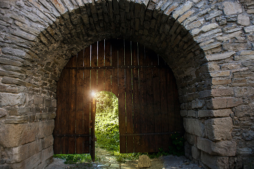 Old wooden open door. Dark medieval woods doorway to summer light secret garden
