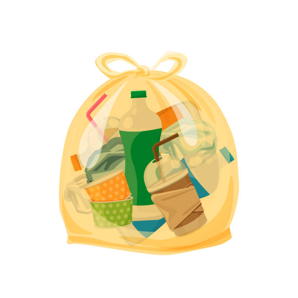 odpady z tworzyw sztucznych pakowane w przezroczyste plastikowe torby do segregacji odpadów izolowane białe kwadratowe tło, ilustracja plastikowe worki na śmieci, wygłotowa torba z tworzyw sztucznych przezroczyste płaskie do grafiki - garbage bag garbage bag food stock illustrations