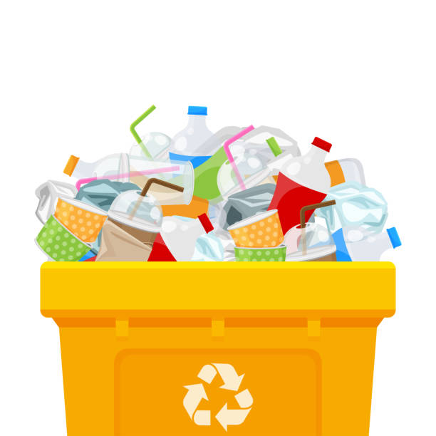 yellow bin full and plastic garbage waste isolated white square background, plastic waste dump on the bin, plastic waste on the bin separation for recycle conservation environmental, pollution garbage yellow bin full and plastic garbage waste isolated white square background, plastic waste dump on the bin, plastic waste on the bin separation for recycle conservation environmental, pollution garbage recycling illustrations stock illustrations
