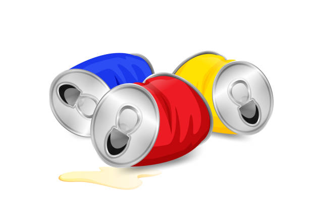 ilustrações de stock, clip art, desenhos animados e ícones de aluminum canned waste, canned garbage waste red blue and yellow colors isolated on white background, used cans illustration cartoon clip arts, garbage of crumpled aluminum cans waste - white background stack heap food and drink