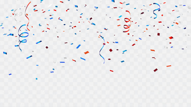 istock Celebration background template with confetti and red and blue ribbons. 1151987571