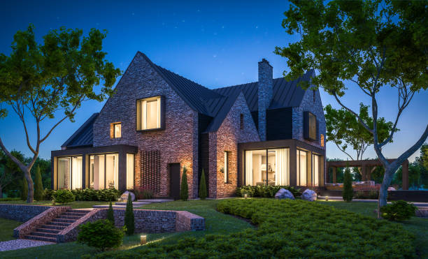 istock 3d rendering of modern clinker house on the ponds with pool in night 1151987719