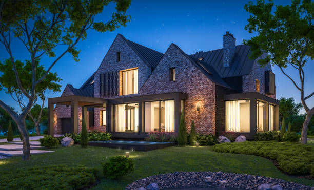 istock 3d rendering of modern clinker house on the ponds with pool in night 1151987743