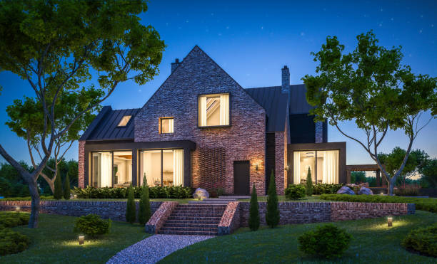 istock 3d rendering of modern clinker house on the ponds with pool in night 1151987744