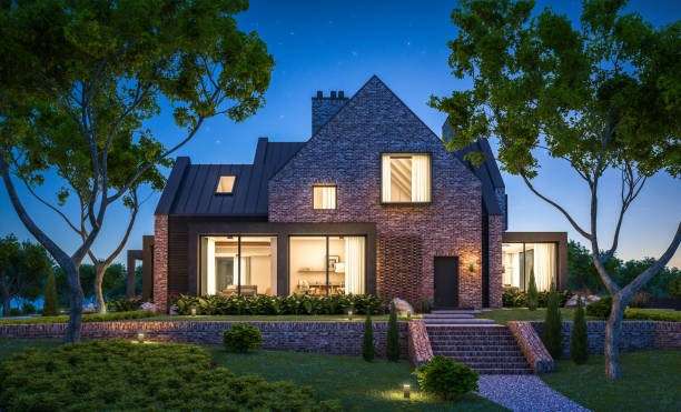 istock 3d rendering of modern clinker house on the ponds with pool in night 1151987745