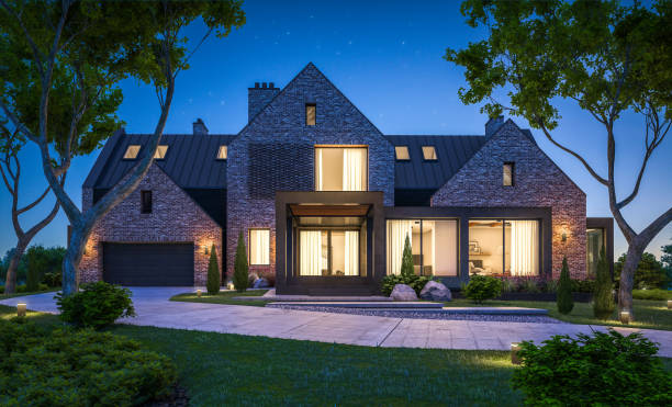 istock 3d rendering of modern clinker house on the ponds with pool in night 1151987748