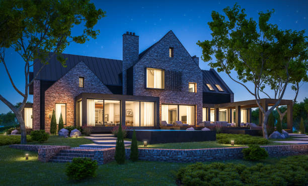 istock 3d rendering of modern clinker house on the ponds with pool in night 1151987753
