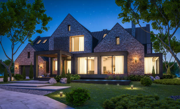 istock 3d rendering of modern clinker house on the ponds with pool in night 1151987771