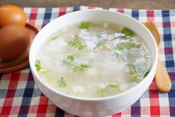 istock Breakfast boiled rice with pork and three eggs on the table. 1151991170