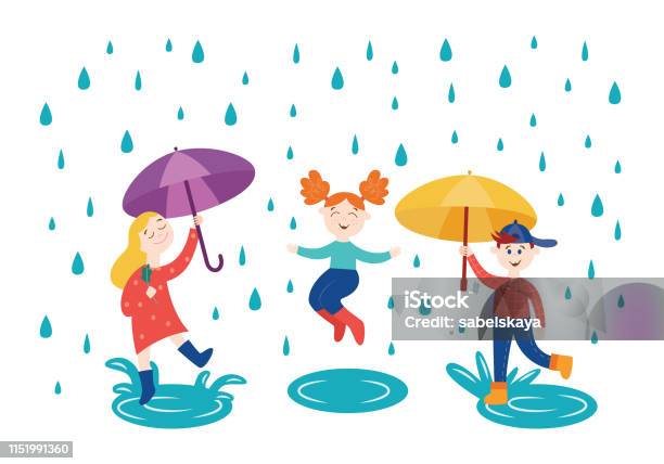 Cheerful Children Playing And Jumping Under Umbrella In Rainy Weather Outdoors In Autumn Stock Illustration - Download Image Now