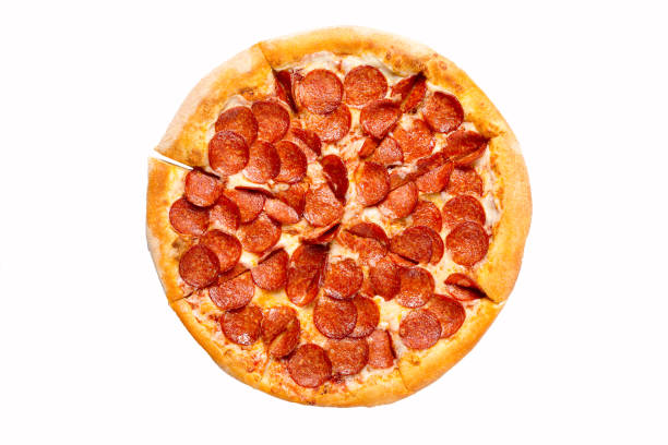 istock Fresh tasty pizza with pepperoni isolated on white background. Top view 1151991431