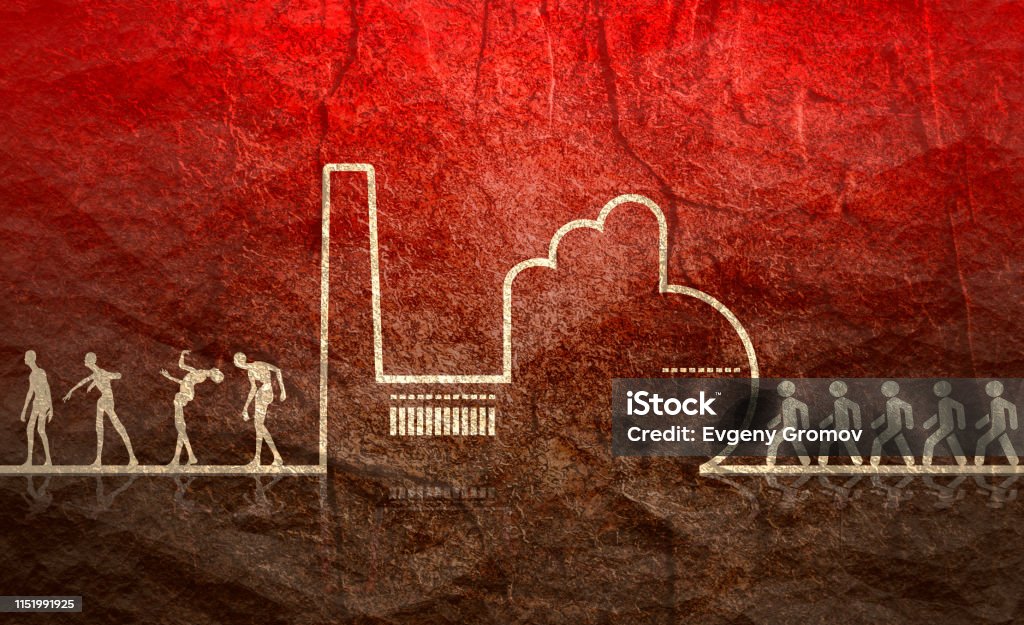 An outline of a factory and people An outline of a factory on orange background. Workers going to the factory. People turn into zombies at the factory. Line art ecology concept Abstract stock illustration