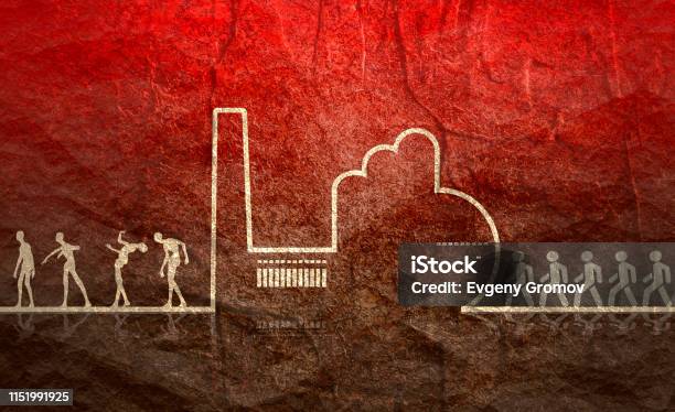 An Outline Of A Factory And People Stock Illustration - Download Image Now - Abstract, Apocalypse, Building Entrance