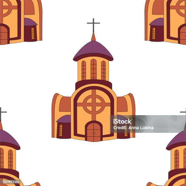 Seamless Pattern Of Church Building On White Background Isolated Stock Illustration - Download Image Now