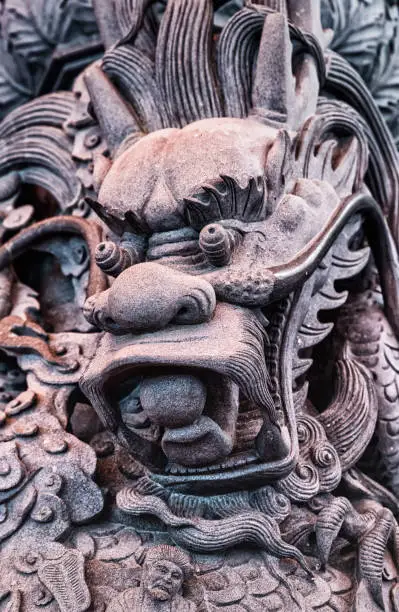 Carved stone dragon at Wulai Fude Buddhist Temple, Wulai Taiwan.