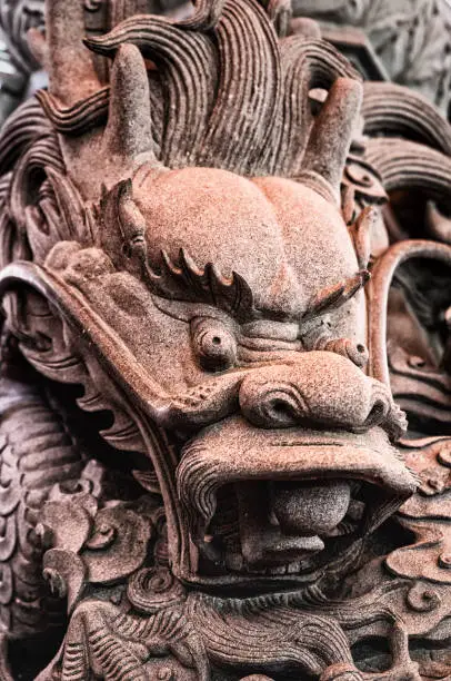 Carved stone dragon at Wulai Fude Buddhist Temple, Wulai Taiwan.