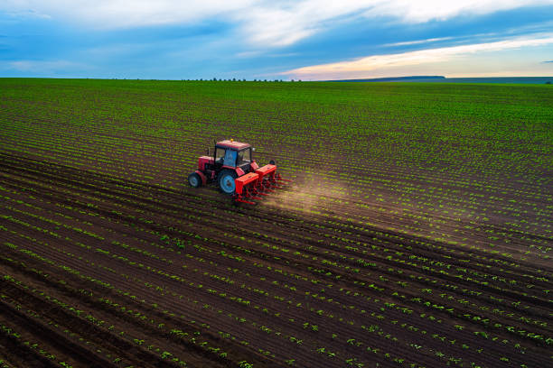 istock Tractor cultivating field at spring,aerial drone top view 1151994616