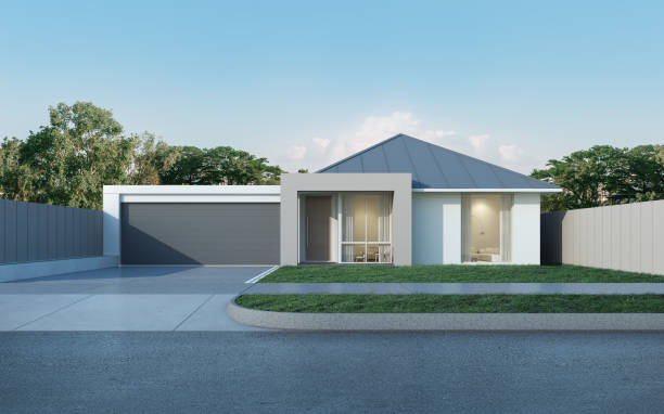 青の空の背景、金属板の屋根の設計-ハウジングが付いている現代的な住居のオーストラリア様式の現代家の眺め。3d レンダリング。 - nobody building exterior outdoors house ストックフォトと画像