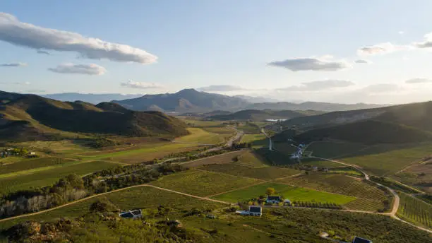 Panoramic aerial image over the country side outside the town of Robertson in the western cape of South Africa