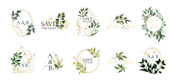ilustrações de stock, clip art, desenhos animados e ícones de set of floral wedding logos and monogram with elegant green leaves - invitation love shape botany