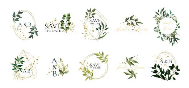 Vector illustration of Set of floral wedding logos and monogram with elegant green leaves