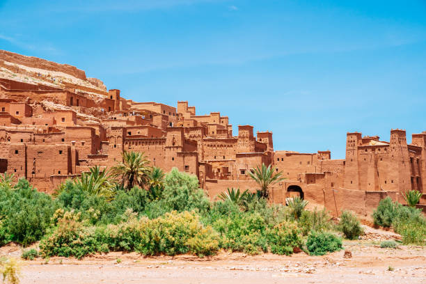 Morocco, Ait Ben Haddou ighrem (fortified village) on a sunny day with clear blue sky on the background. Fortified village (castle) Ait Ben Haddou on a sunny day with clear blue sky on the background. ksar stock pictures, royalty-free photos & images