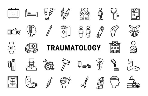 Traumatology outline web icon set Medicine line icons collection of traumatology. Online vector illustration person oxygen tank stock illustrations