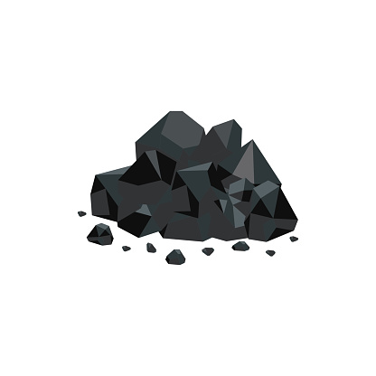Heap of black natural coal mineral rocks flat vector illustration isolated on white background. Fuel mining and power resources of nature icon for industrial design.