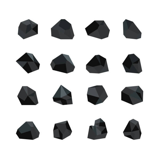 vektorillusionssatz von verschiedenen schwarzen kohlestücken, die auf weißem hintergrund isoliert sind. - mineral stock-grafiken, -clipart, -cartoons und -symbole