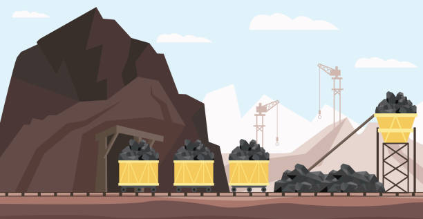 illustrazioni stock, clip art, cartoni animati e icone di tendenza di industria mineraria del carbone e illustrazione vettoriale di trasporto con pile di risorse minerali nere nei carretti di miniera. - giacimento