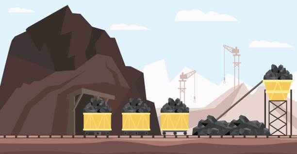 Coal mine industry and transportation vector illustration with piles of black mineral resource in minecarts. Coal mine industry and transportation vector illustration with piles of black mineral resource in minecarts - charcoal mining buildings, equipment and transport in flat style. lead mine stock illustrations