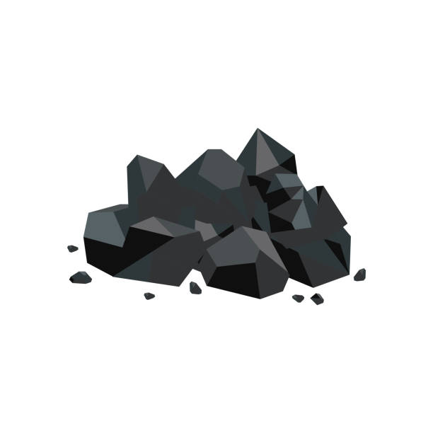 ilustrações de stock, clip art, desenhos animados e ícones de black coal lump piece, fuel mine industry and energy resource icon, shiny cartoon rock pile with stray stone pieces isolated on white background - rock vector stack heap