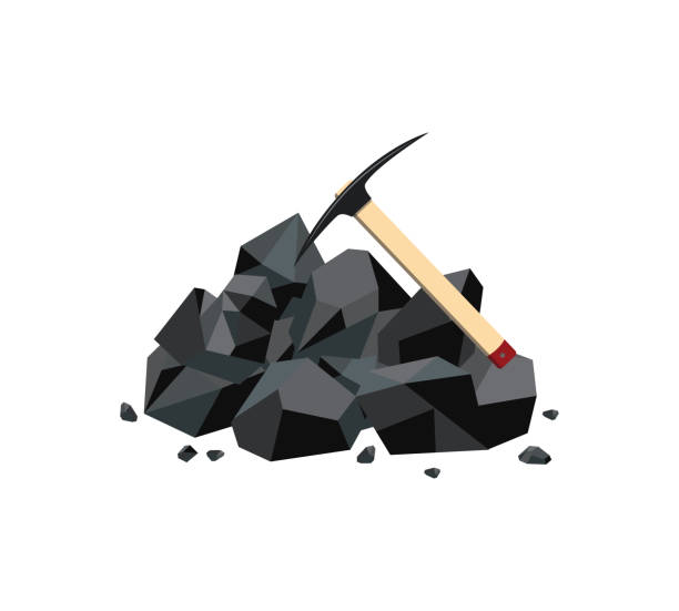 ilustrações de stock, clip art, desenhos animados e ícones de coal mine icon with black mineral rock lump and pickaxe. fuel mine industry resource and carbon energy mining instument and charcoal stone pile - rock stone stack textured