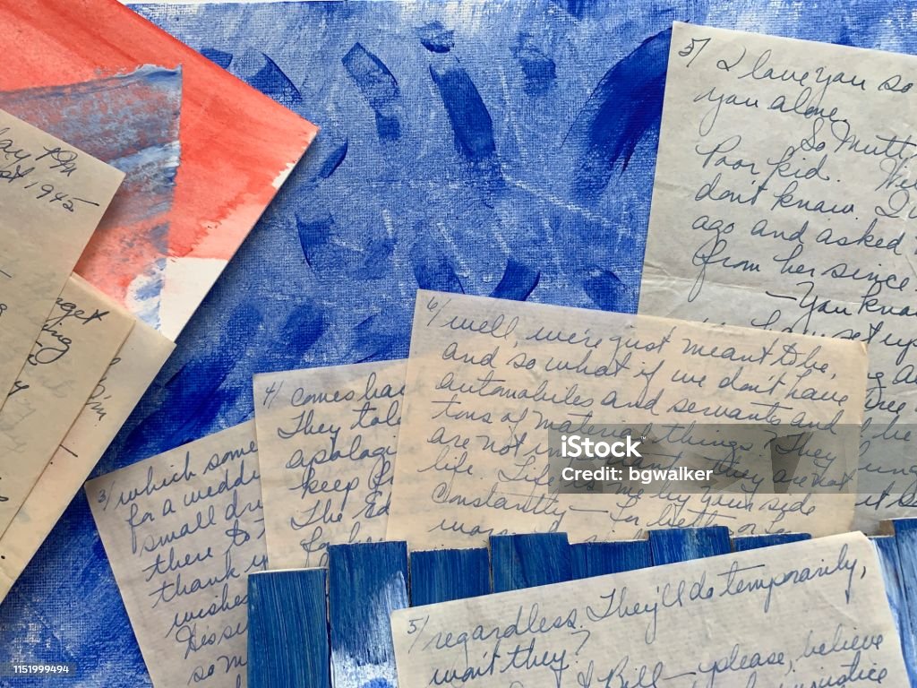 Old Handritten Love Letters from WW II Old love letters on Abstract Background. iPhone Handwriting Stock Photo