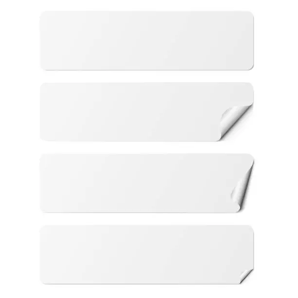Vector illustration of Set of white rectangle adhesive stickers with a folded edges, isolated on white background.