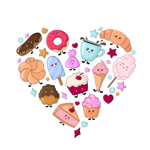 kawaii food collection - bread baked illustration and painting vector stock-grafiken, -clipart, -cartoons und -symbole