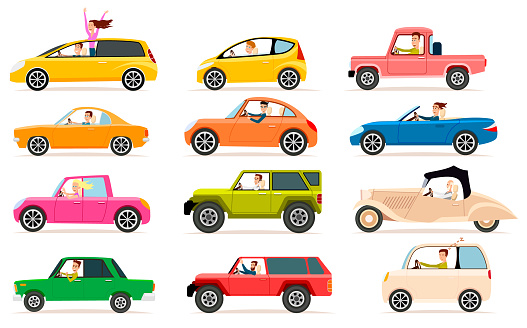 Collection isolated vector icons of vehicles. Private transport illustration types of automobile bodies. Traffic, driver, jeep, pickup, sedan. For learning different cars. Toys, stickers, models