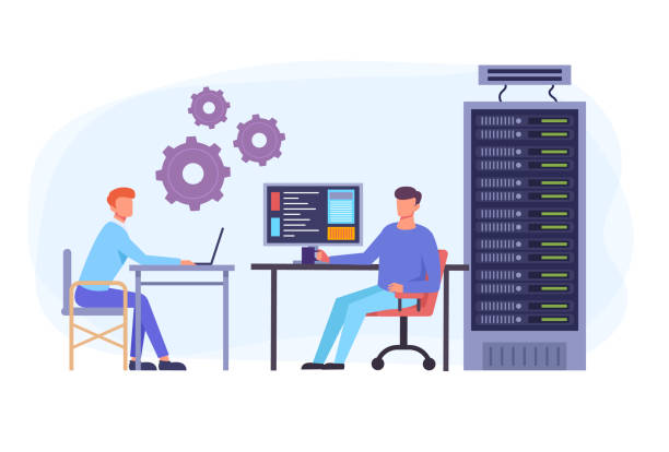 IT engineers team workers character and data center concept. Vector flat graphic design isolated illustration IT engineers team workers character and data center concept. Vector flat graphic design isolated engineer illustrations stock illustrations