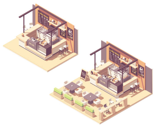 Vector isometric food court coffee kiosk Vector isometric food court coffee shop or coffeehouse kiosk. Cafe interior with coffee machines, tables, seats, counter, cash register and blackboard menu cash register coffee shop restaurant table stock illustrations