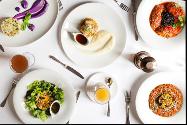 istock Restaraunt dishes on white table. Luxury. top view. Dinner in a restaurant. 1152006696