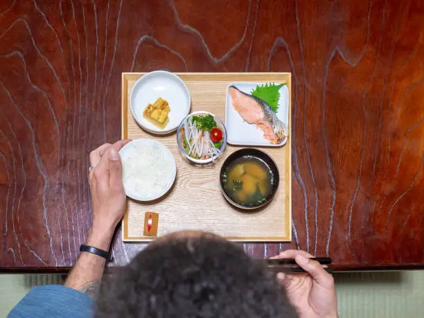 Photo of Traveler eating breakfast at ryokan, Japanese Inn