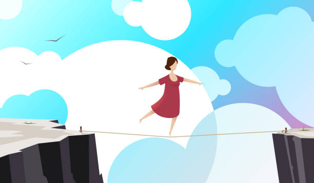 illustrazioni stock, clip art, cartoni animati e icone di tendenza di donna che cammina sul varco su una fune - tightrope balance walking rope