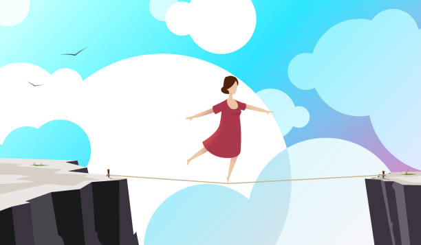 綱渡りの隙間を歩いている女性 - tightrope balance walking rope点のイラスト素材／クリップアート素材／マンガ素材／アイコン素材