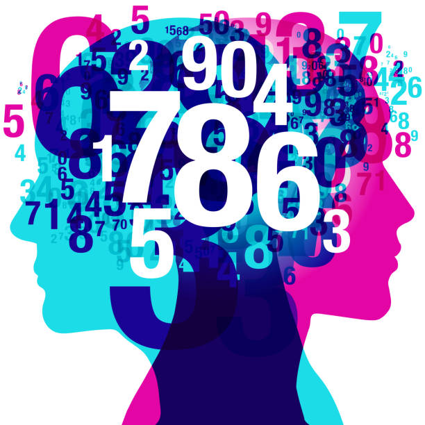 Numbers and Minds A Male and Female side silhouette profile overlaid with various blending semi-transparent number shapes. A set of white numerals are placed between the 2 outline profiles. one two three four five six seven eight and nine stock illustrations