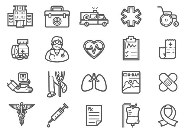 illustrazioni stock, clip art, cartoni animati e icone di tendenza di set icone linea medica - flebo salina