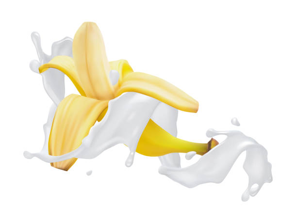 ilustrações, clipart, desenhos animados e ícones de banana e iogurte splash - banana peeled banana peel white background